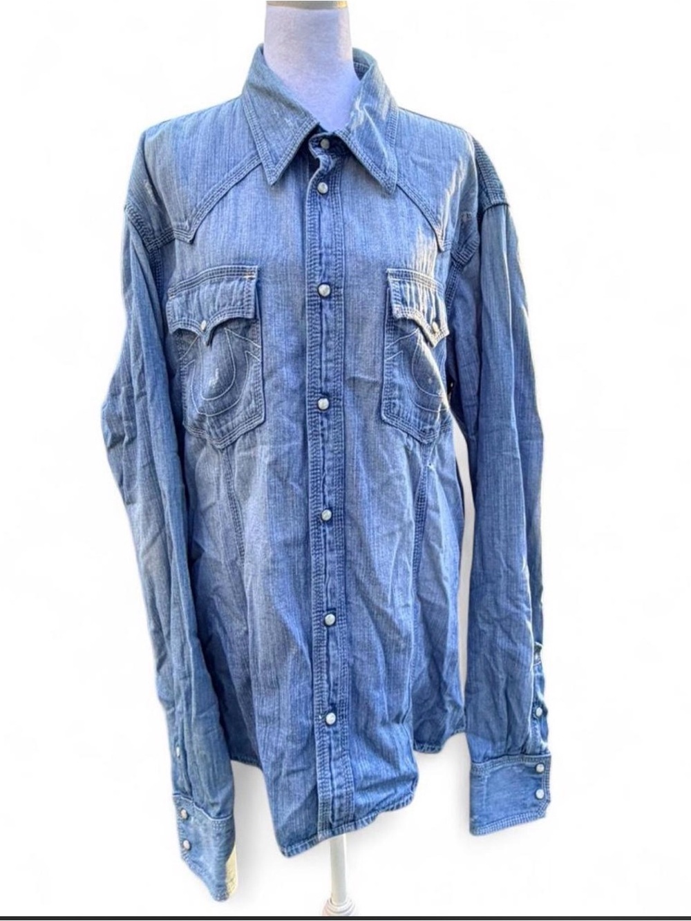 True Religion Men's Light Blue Denim Western Button-Down Shirt
